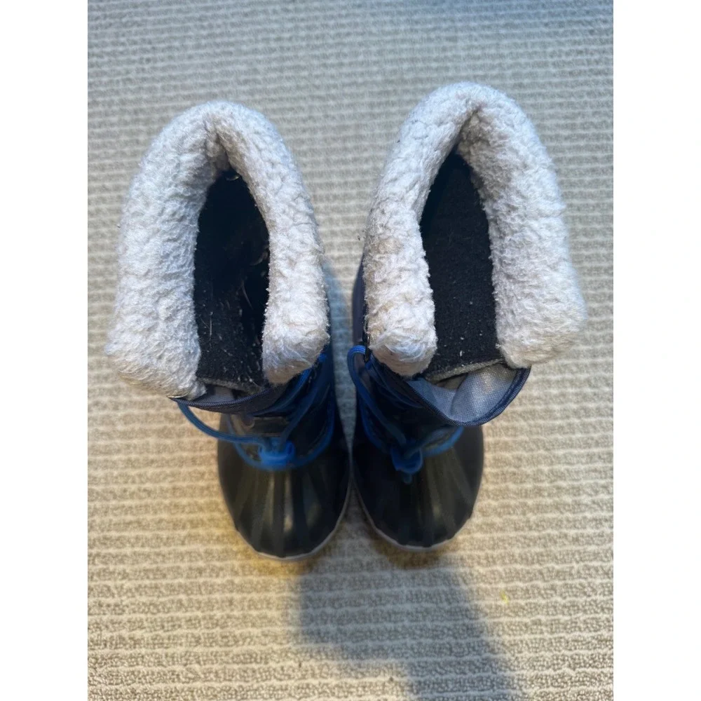 Sorel Winter Snow Boots Size 3 Navy Blue Insulated Rubber Duck Boots Faux Fur